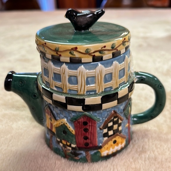 Sakura Debbie Mumm Ceramic Birdhouses Picket Fence Teapot With Blackbird on Lid - Picture 4 of 15